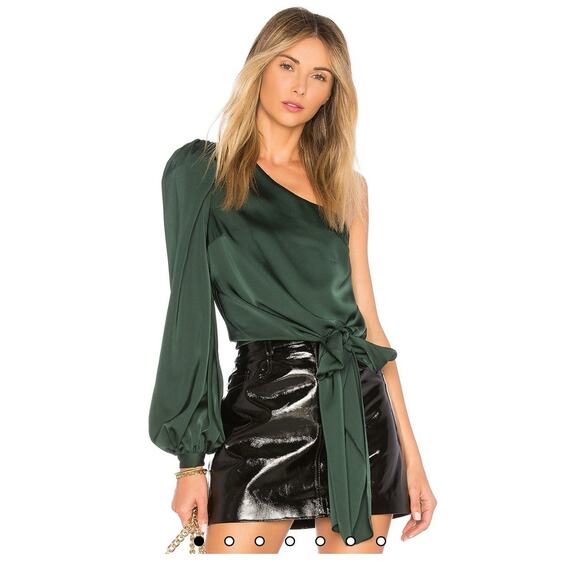 lovers and friends Tops - Revolve One Shoulder Tie Satin Top Green Long Sleeve Party Cocktail Blouse